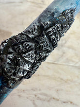 Load image into Gallery viewer, Close-up of Franklin-Christoph Model 03M Foutain Pen. Original art by A.A. Vacharat. Terrain features a textured metallic black and blue, on marble background.