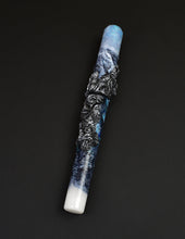 Load image into Gallery viewer, The Franklin-Christoph 03M A.A. Vacharat Terrain: a blue-white cylinder with silver-black floral clay art details.