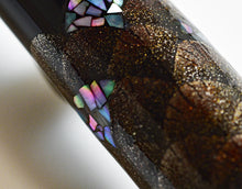 Load image into Gallery viewer, Close-up of Franklin-Christoph Model 03M Arowana LE FP with shimmering maki-e and inlaid iridescent shell accents.
