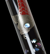 Load image into Gallery viewer, Close-up of Franklin-Christoph Model 03M Arowana LE FP with red/silver koi, maki-e art, and blue accents.