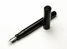 Load image into Gallery viewer, A black fountain pen with its cap removed lies on a white surface, showing the metal nib and the cap resting beside it.