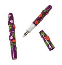 Load image into Gallery viewer, Fountain pen with purple barrel featuring strawberry design on a white background