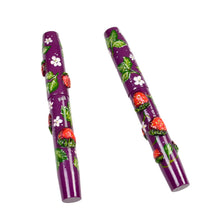 Load image into Gallery viewer, Two purple Franklin-Christoph fountain pens with floral and fruit designs on a white background with art by AA Vacharat