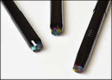 Load image into Gallery viewer, Three Franklin-Christoph Model 45 Cor - Black Cathedral fountain pens with marbled ends on a white surface, top view.