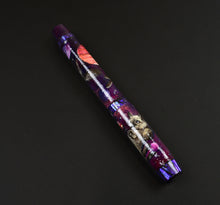 Load image into Gallery viewer, Franklin-Christoph 46 A. A. Vacharat Cosmic Cats abalone pen, purple-pink art on black background.