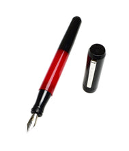 Load image into Gallery viewer, A Franklin-Christoph Model 55 Pentium FP in Black &amp; Venetian Red sits uncapped beside its cap on a white surface.