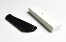 Load image into Gallery viewer, Black leather case with tan stitching next to a Franklin-Christoph Model 91 Graphis Mechanical Pencil - Black AL box.