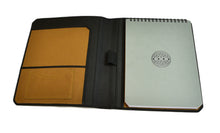 Load image into Gallery viewer, Franklin-Christoph Scottish Canvas Padfolio: black, 2 brown left pockets, right spiral notebook with design.