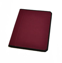 Load image into Gallery viewer, A closed Franklin-Christoph Scottish Canvas Padfolio in burgundy with black trim, isolated on a white background.