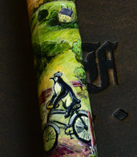 Load image into Gallery viewer, Bicycle Penguin by A.A. Vacharat: black-and-white penguin riding a bike, house on hill, art pen. Franklin-Christoph.