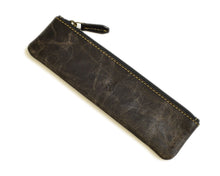 Load image into Gallery viewer, Franklin-Christoph Zippered Single Pen Pouch in brown Napa leather with yellow stitching, shown on white background.