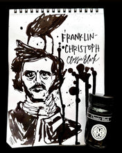 Load image into Gallery viewer, Black ink sketch of a man in a tall hat beside Franklin-Christoph Bottled Ink and handwritten calligraphy text.