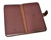 Load image into Gallery viewer, Open Franklin-Christoph ETN - Italian Leathers holder with two maroon notebooks, one with a circle emblem and snap.