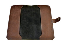 Load image into Gallery viewer, Franklin-Christoph ETN - Italian Leathers: Brown folder with black center panel, snap strap right, top view.