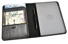 Load image into Gallery viewer, Open the FCX Sailcloth Padfolio by Franklin-Christoph to find a notebook, pen, brochures, and card in organized pockets.