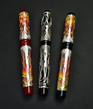 Load image into Gallery viewer, Four Franklin-Christoph Model 03M Fiamme di Christoph FP pens with flame designs are side by side on a dark background.