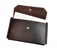 Load image into Gallery viewer, A black leather Franklin-Christoph Index Card Holder, snapped open to show two white cards inside.