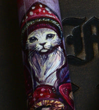 Load image into Gallery viewer, 03M - A.A. Vacharat - MushCat: White cat in red mushroom hat on purple, with black text. Franklin-Christoph.