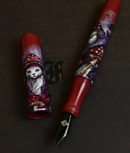 Load image into Gallery viewer, Franklin-Christoph 03M - A.A. Vacharat MushCat: Red fountain pen with painted mushrooms and cats on a dark cap.