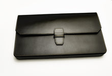 Load image into Gallery viewer, Franklin-Christoph New Penvelope 12: black napa leather clutch with beige stitching, buckle, and removable pen inserts.