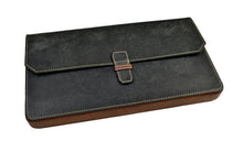 Load image into Gallery viewer, Franklin-Christoph New Penvelope 12: Black Italian leather pen case clutch with brown edges, white stitching, strap closure.