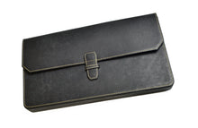Load image into Gallery viewer, Franklin-Christoph New Penvelope 12: black Italian leather case with beige stitching, flap closure, pen organizer.