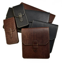Load image into Gallery viewer, Six New Penvelope 12 pouches by Franklin-Christoph in Italian leather, black/brown, with stitching, on white.