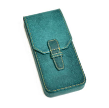 Load image into Gallery viewer, Franklin-Christoph New Penvelope 3: Teal Italian leather pen case with yellow stitching and flap closure.