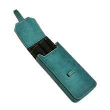 Load image into Gallery viewer, Franklin-Christoph New Penvelope 3: teal Italian leather case with flap, holds three black pen slots inside.