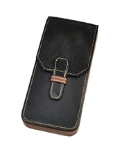 Load image into Gallery viewer, Franklin-Christoph New Penvelope 3 in Italian leathers, black with tan stitching and brown strap, on white background.