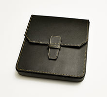 Load image into Gallery viewer, Franklin-Christoph New Penvelope 6 in black Napa leather with beige stitching and six pen slots on a white background.