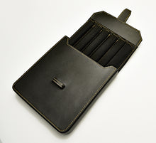 Load image into Gallery viewer, Franklin-Christoph New Penvelope 6 in black Napa leather with yellow stitching, open to show six-pen insert.