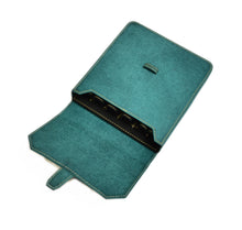 Load image into Gallery viewer, Franklin-Christoph New Penvelope 6 in teal Italian leather with gold hardware, open on a white background.