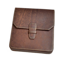 Load image into Gallery viewer, Franklin-Christoph New Penvelope 6 in brown Italian leather, with stitched border and strap flap on white background.