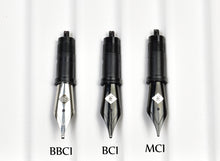 Load image into Gallery viewer, Three Franklin-Christoph Chen Italics nibs in polished steel—BBCI, BCI, and MCI—are displayed vertically.