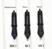 Load image into Gallery viewer, Three Franklin-Christoph Chen Italics—BBCI (polished), BCI, and MCI—are shown; BCI/MCI are labeled Raven.
