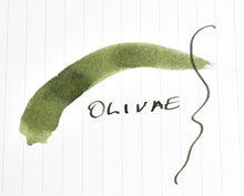 Load image into Gallery viewer, A green swatch, “OLIVAE” below, wavy line—Franklin-Christoph Bottled Ink for fountain pen enthusiasts.