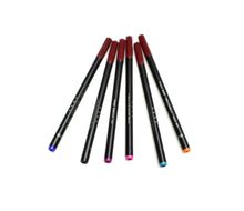 Load image into Gallery viewer, Six black-bodied, maroon-capped Piper Premium Ink 888 rollerball refills by Franklin-Christoph, fan-arranged.
