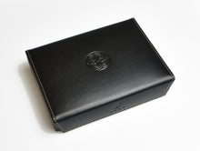 Load image into Gallery viewer, Franklin-Christoph Playing Card Case in Napa leather, black with cream stitching—stylish protection for your cards.