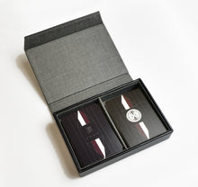 Load image into Gallery viewer, Franklin-Christoph Playing Cards: two casino-grade decks with Celtic Knot logos in an open gray box on white background.