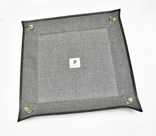 Load image into Gallery viewer, Franklin-Christoph Valet Tray - Black Napa Suit Grey: stylish tray with gold snaps—ideal for home or travel organization.