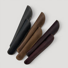 Load image into Gallery viewer, Franklin-Christoph single pen sleeve in black, brown, and maroon boot leather with cream stitching.