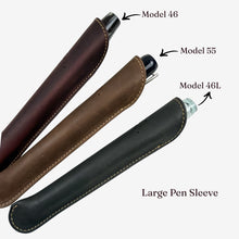 Load image into Gallery viewer, Franklin-Christoph single pen sleeves in boot leather: dark red, brown, and black. Creme stitching and debossed logo.