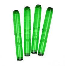 Load image into Gallery viewer, pocket 45 in Hiddenite (green) acrylic with Emerald acrylic finials. Four pens on a white background. 