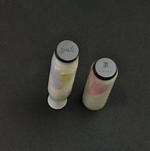 Load image into Gallery viewer, pocket 45 Opal acrylic fountain pen with base white in pearlescent colors. Onyx acrylic finials on each end. Showing the p45 engraving on barrel bottom and the F and Diamonds logo on the cap end.