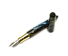 Load image into Gallery viewer, Franklin-Christoph Pocket 66 FP SE - Into the Void Brass, marbled blue/black/gold resin, metal nib, cap removed.