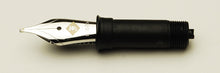 Load image into Gallery viewer, A close-up of a Franklin-Christoph #5 Nib Unit attached to a black grip section, placed on a plain surface.
