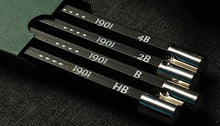 Load image into Gallery viewer, Four Franklin-Christoph 1901 wood pencils (4B, 2B, B, HB) in a green box; black; made in the USA.