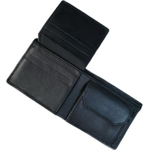 Load image into Gallery viewer, The Franklin-Christoph Bi-Fold Wallet in black leather shows card slots and a coin pocket against a white background.