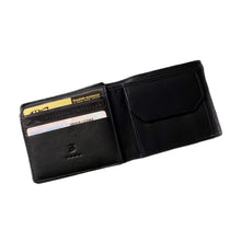 Load image into Gallery viewer, Franklin-Christoph Bi-Fold Wallet - Leather, open with card slots, ID windows &amp; empty coin pocket on white background.